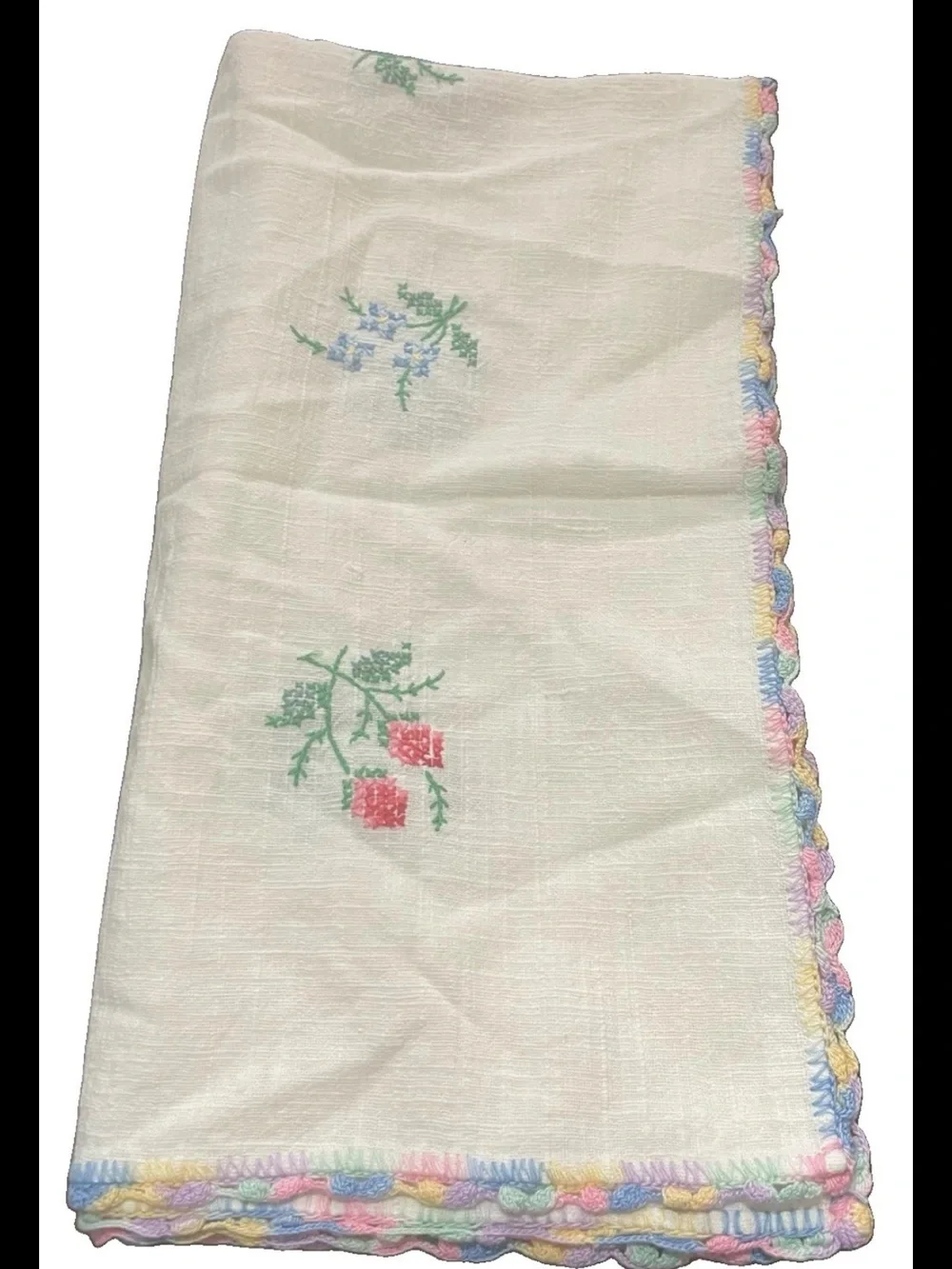 Vintage Embroidered Table Topper 30x27 Floral Crochet Scalloped Edge